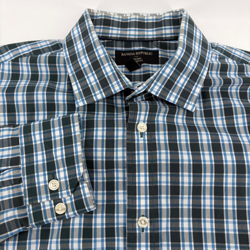 Banana Republic Mens‎ Tailored Fit Non Iron Plaid Shirt Blue Black L 16-16.5
